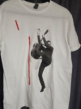 Sony White Short Sleeve Tee with Black Musician Print and Red Accents